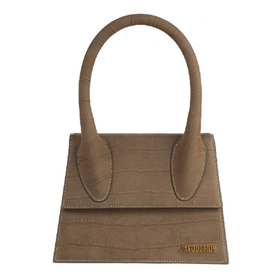 Shop Jacquemus Le Grand Chiquito Beige Bag In Crocodile Print Suede Leather In Beige Beige