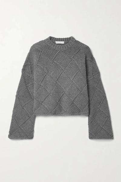 Shop Jw Anderson Cropped Leather-trimmed Merino Wool-blend Sweater In Gray