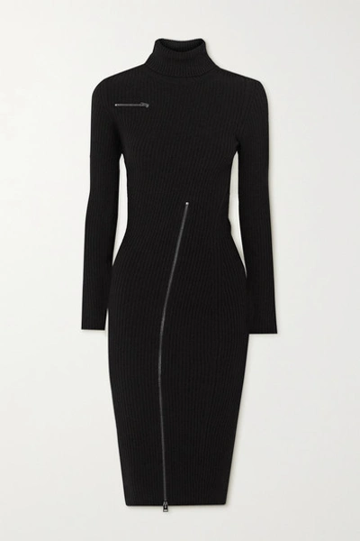 Shop Tom Ford Zip-detailed Ribbed Wool-blend Turtleneck Dress In Black