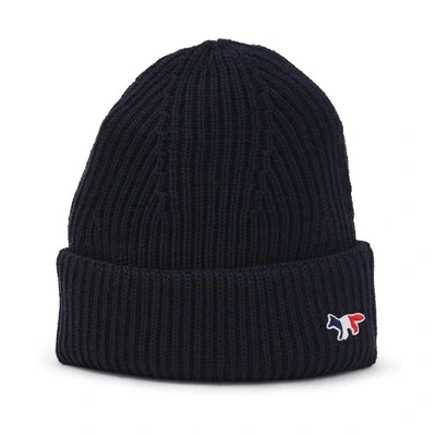 Shop Maison Kitsuné Tricolor Fox Patch Rib Hat In Navy