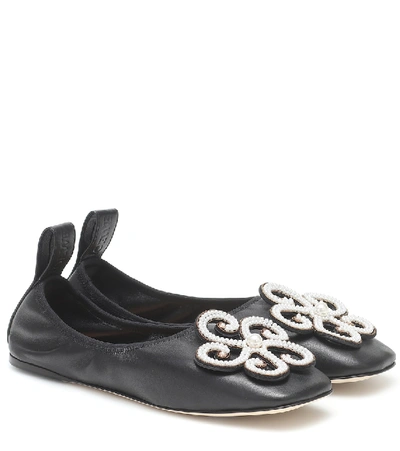 Shop Loewe Embellished Leather Ballet Flats In Black