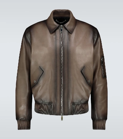 Shop Berluti Leather Patina Blouson Jacket In Brown