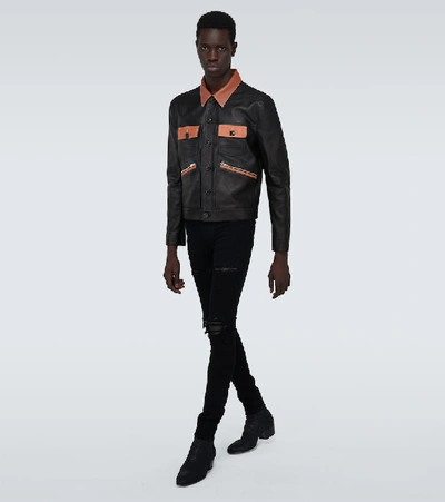 Shop Amiri Contrasted Leather Trucker Jacket In Black
