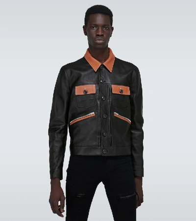 Shop Amiri Contrasted Leather Trucker Jacket In Black