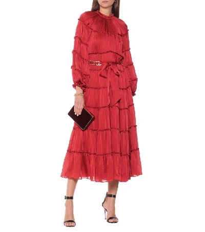 Shop Zimmermann Tiered Silk Midi Dress In Red