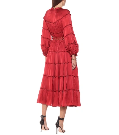 Shop Zimmermann Tiered Silk Midi Dress In Red