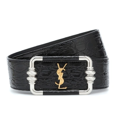 Shop Saint Laurent Monogram Croc-effect Leather Belt In Black