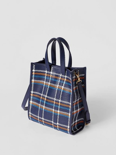 Shop Burberry Small Latticed Leather Portrait Tote Bag In Blue/white/orange