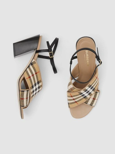 Shop Burberry Latticed Cotton And Leather Block-heel Sandals In Archive Beige/black