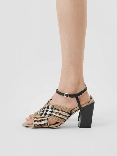 Shop Burberry Latticed Cotton And Leather Block-heel Sandals In Archive Beige/black