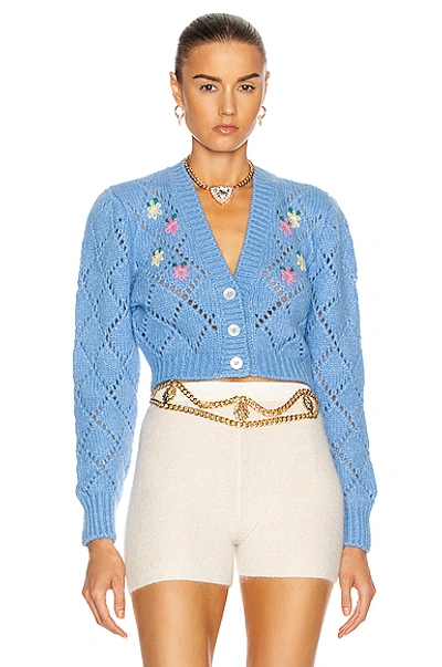Shop Alessandra Rich Wool Cardigan With Floral Details In Light Blue