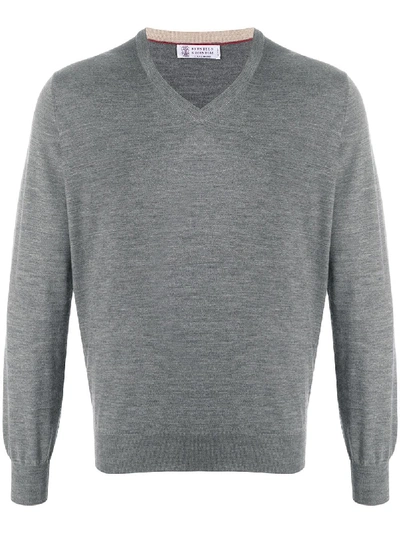 Shop Brunello Cucinelli Fine-knit V-neck Jumper In Grey