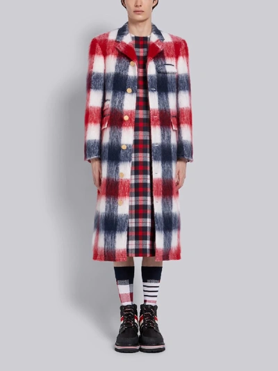 Shop Thom Browne Tricolor Mohair Buffalo Check Long Chesterfield Overcoat In Red