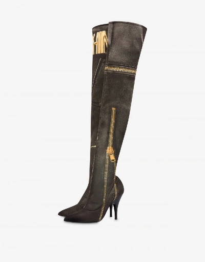 Shop Moschino Over-the-knee Boots Macro Biker In Black