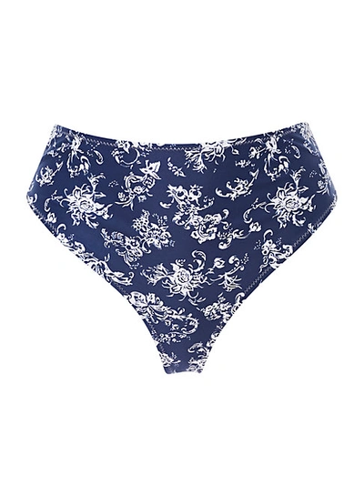 Shop Caroline Constas Viki Floral-print Bikini Bottom In Navy White