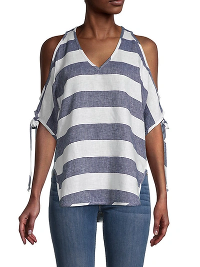 Shop Karen Kane Stripe Cold-shoulder Linen &amp; Cotton Top In White Blue