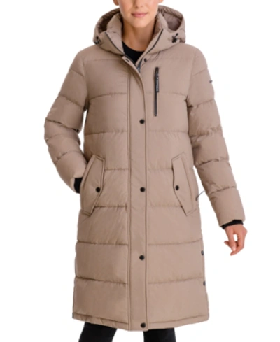 Shop Bcbgeneration Hooded Puffer Coat In Taupe