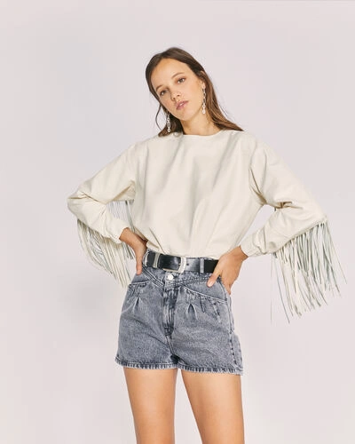 Shop Iro Gentry Fringed Soft Leather Top In Cream Pearl