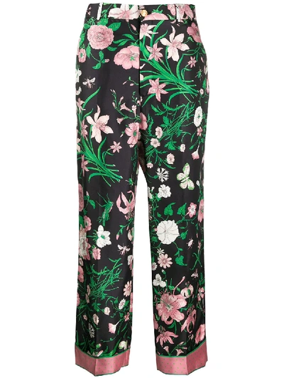 Shop Gucci Floral Silk Trousers In Black