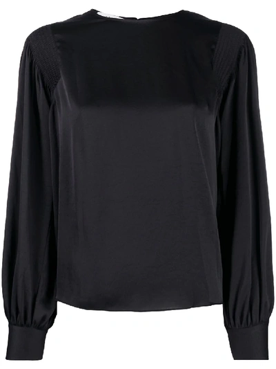 Shop Vince Satin Blouse With Ruched Shoulders In Black