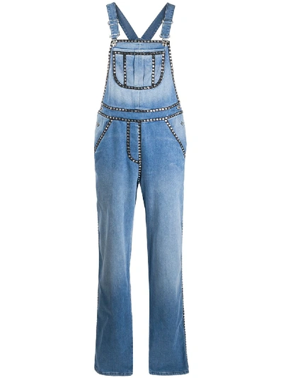 Shop Moschino Crystal-embellished Denim Dungarees In Blue