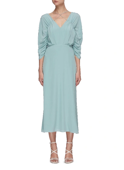 Shop Victoria Beckham Criss Cross Neck Draped Long Sleeve Silk Midi Dress In Blue