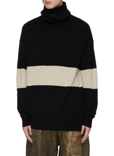 Shop Ziggy Chen Ribbed Turtleneck Colourblock Cashmere Knit Sweater In Black