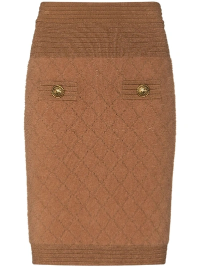 Shop Balmain Stretch-knit Mini Skirt In Brown