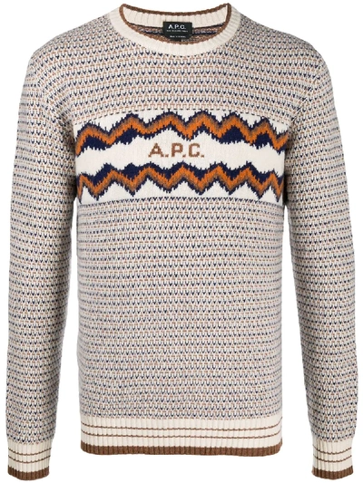 Shop Apc Intarsia Logo Wool Jumper In Neutrals