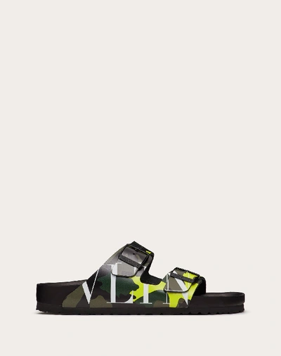 Shop Valentino Garavani Uomo Slide Sandal In Collaboration With Birkenstock In Military Green/neon Yellow