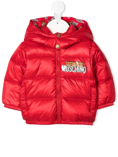 Shop Moschino Teddy Logo Padded Jacket In Red