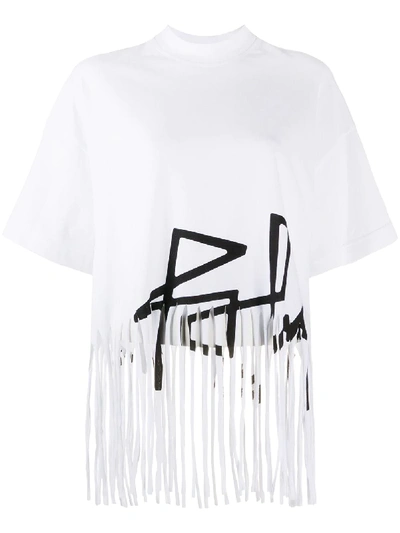 Shop Palm Angels Fringe Hem Logo Print T-shirt In White
