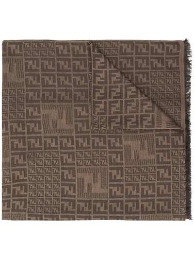 Shop Fendi Ff Print Frayed Scarf In Brown