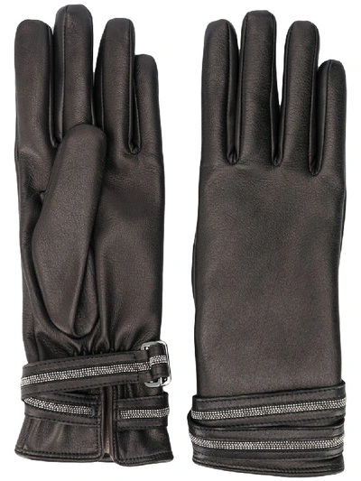 Shop Fabiana Filippi Studded Strap Leather Gloves In Black