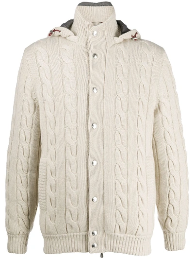 Shop Brunello Cucinelli Hooded Cable Knit Sweater In Neutrals