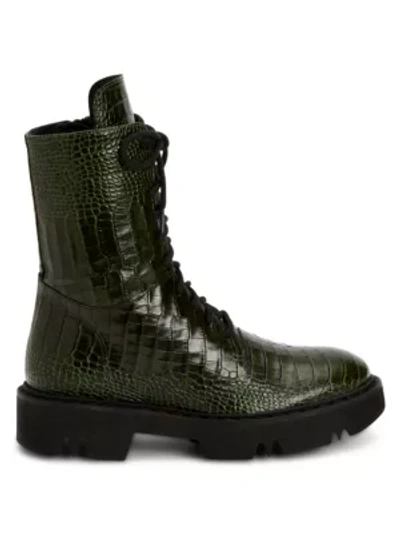 Shop Aquatalia Hana Croc-embossed Leather Combat Boots In Green