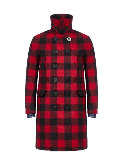 Shop Dsquared2 Check-motif Double Breasted Wool Coat In Black Red