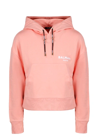 Shop Balmain Cropped Flocked Logo Detail Hoodie