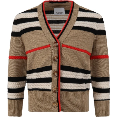 Shop Burberry Beige Cardigan For Kids With Iconic Stripes