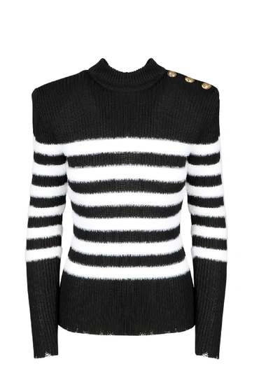 Shop Balmain Striped Angora Effect Sweater In Black