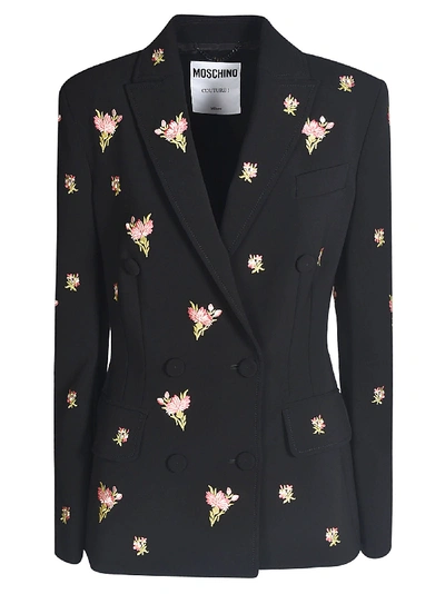 Shop Moschino Floral Motif Double-breasted Blazer In Black