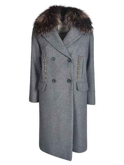 Shop Bazar Deluxe Furry Detailed Double-breasted Coat In Grey