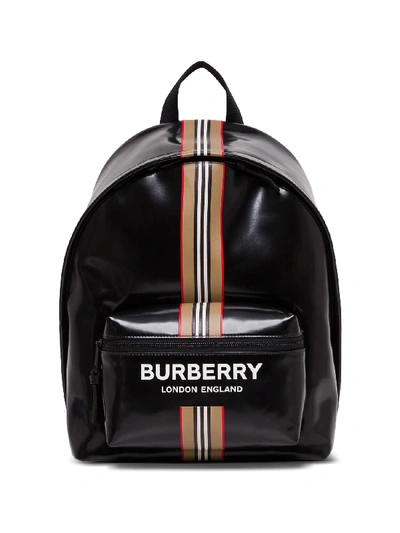 Shop Burberry Backpack With Logo And Striped Motif In Glossy Coated Canvas In Black