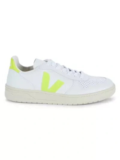 Shop Veja V-10 Leather Sneakers In White Fluorescent Yellow