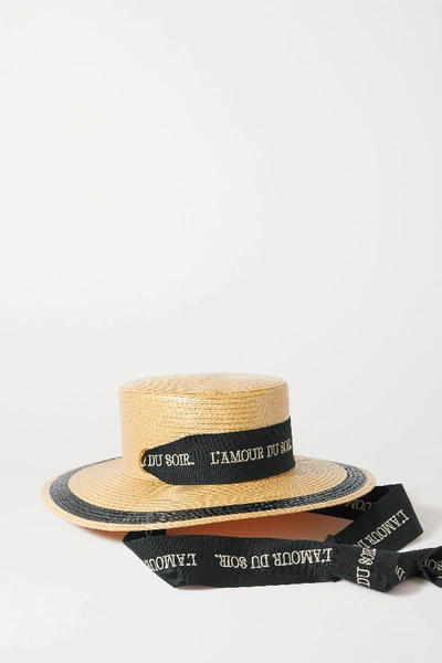 Shop Gucci Embroidered Cotton-trimmed Straw Hat In Yellow