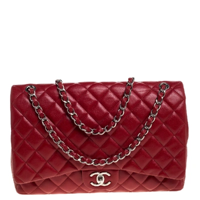 Pre-owned Chanel Red Quilted Caviar Leather Maxi Classic Double Flap Bag