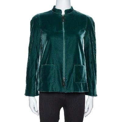 Pre-owned Giorgio Armani Emerald Green Velvet Zip Front Jacket S