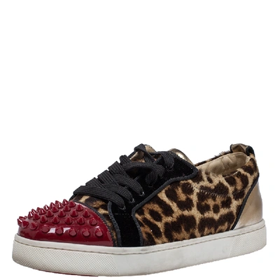 Pre-owned Christian Louboutin Multicolor Leopard Print Pony Hair And Patent Leather Louis Junior Spikes Sneakers Size 37.5