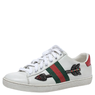 Pre-owned Gucci White Leather Crystal Embellished Arrow Ace Low Top Sneakers Size 36