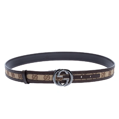 Pre-owned Gucci Beige/brown Gg Canvas And Leather Interlocking G Buckle Belt 90cm